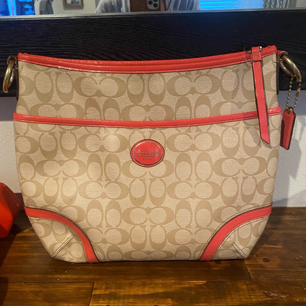 Coach Signature Canvas Shoulder Bag in Khaki with Coral Trim NO SHOULDER STRAP!!